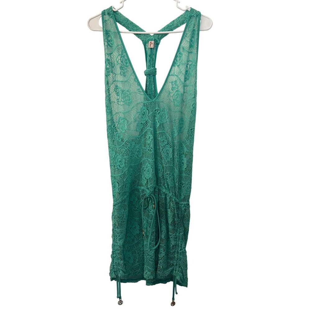 Luli Fama Teal Green Floral Lace T-Back Swim Cover Up Dress‎ Large L Resortwear
